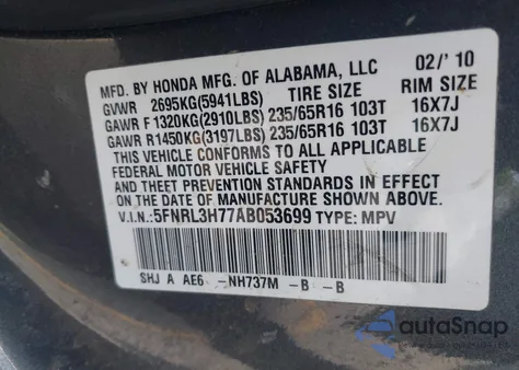 2010 Honda Odyssey Ex-L z USA, uszkodzony, nr VIN 5FNRL3H77AB053699